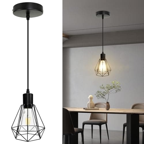 Image of HiBay Pendant Light Height Adjustable, Black Ceiling Lights E27 Metal Hanging Lights for Kitchen, Living Room, Hallway