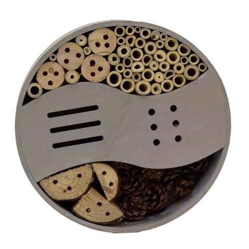 Image of Carousel Home Round Grey Wooden Insect Hotel | Bee & Bug House for Garden Insects | Natural Habitat for Bees, Butterflies & Ladybirds - 25cm ~ Colour Varies