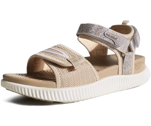 Image of KuaiLu Womens Orthopedic Walking Sandals Plantar Fasciitis Arch Support Ladies Recovery Sport Outdoor Travel Sandles Open Toe Thick Athletic Cushion Foam Sandals Adjustable Strap Beige Size 4