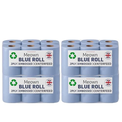 Image of Meown Blue Centrefeed Roll 2-Ply – Heavy Duty Embossed Cleaning Towels | Perforated, Absorbent Blue Paper & Industrial Tissue Roll for Kitchen, Garage, Home, Commercial Use – Pack of 4 (24 Rolls)