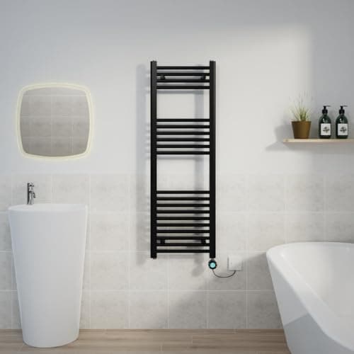 Image of Warmehaus Black Electric Heated Towel Rail Straight Thermostatic Bathroom Towel Radiator with Timer - 1200x400mm 600W