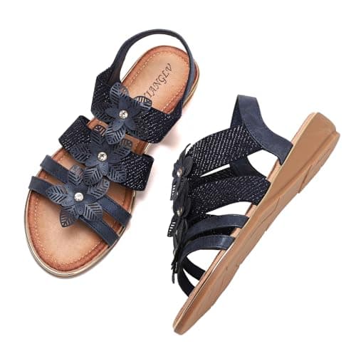 Image of Galindopia Flat Thongs Sandals Rhinestone Beaded Bohemia Beach Shoes For Women Elastic Ankle Strap Comfortable Cushion Padded Flip Flops Blue Size 39