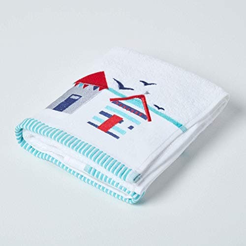 Image of HOMESCAPES Beach Hut Embroidered Hand Towel Blue, Red & White Seaside Patterned Guest Towel 100% Cotton 550 GSM Super Absorbent Fluffy Holiday Beach Towel for Pool or Gym
