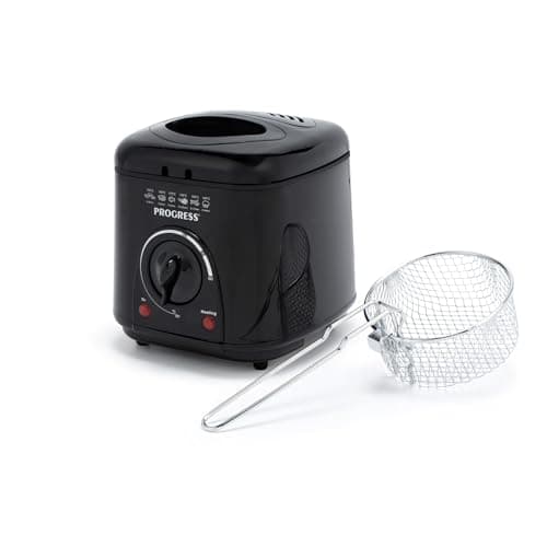 Image of Progress 1L Compact Deep Fat Fryer – Adjustable Temperature Control, Power Lights, Filter to Reduce Odours, Non-Stick Cooking Bowl, Viewing Window, Removable Basket, 950W, Black EK2969PBLK