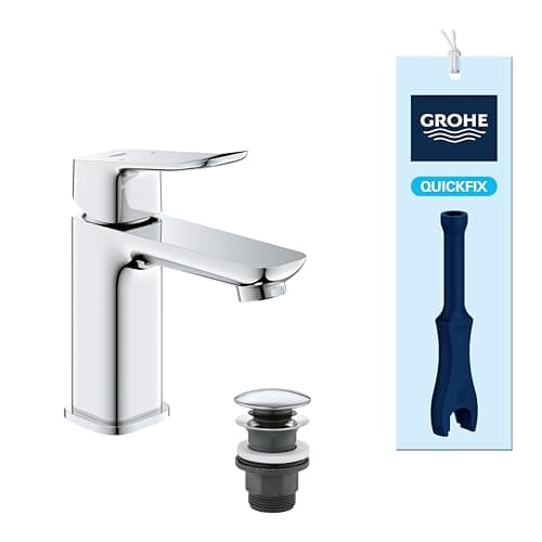 Image of GROHE Dice Single Lever Basin Mixer Tap with Pop-Open Waste Set (S-Size 152 mm, 28 mm Ceramic Cartridge, Water Saving, Tails 3/8 Inch, Easy to Fit with the Included QuickTool), Chrome, 1018570000