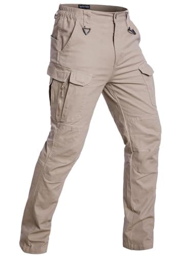 Image of CARWORNIC Men’s Hiking Tactical Trousers Stretch Cotton Cargo Work Trousers for Men Lightweight Relaxed Fit Army Combat Military Pants Ripstop Multi Pockets Casual Construction Outdoor Trousers Khaki
