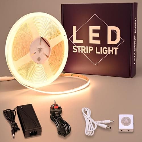 Image of GOMING Motion Sensor COB LED Strip Light 32.8ft(10M) Warm White 3000K CRI 93+ 3 Lighting Modes 3 Timing Off Modes 3 Brightness Modes with Power Adapter for Kitchen Cabinets Stair Showcase Bedroom Bed