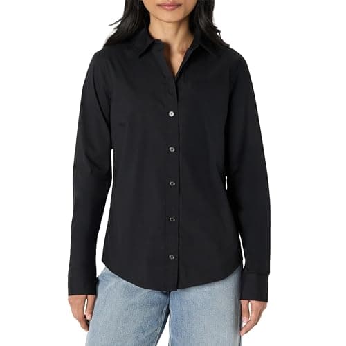 Image of Amazon Essentials Women's Regular-Fit Stretch Poplin Button-Up Dress Shirt, Black, S