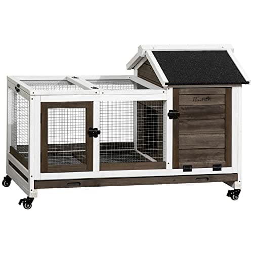 Image of PawHut Wooden Rabbit Hutch with Wheels, Guinea Pig Cage, Small Animal House for Outdoor & Indoor with Slide-out Tray, 108 x 58 x 73.5cm, Brown