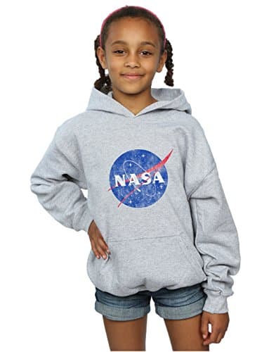 Image of Absolute Cult NASA Girls Classic Insignia Logo Distressed Hoodie Sport Grey 5-6 Years