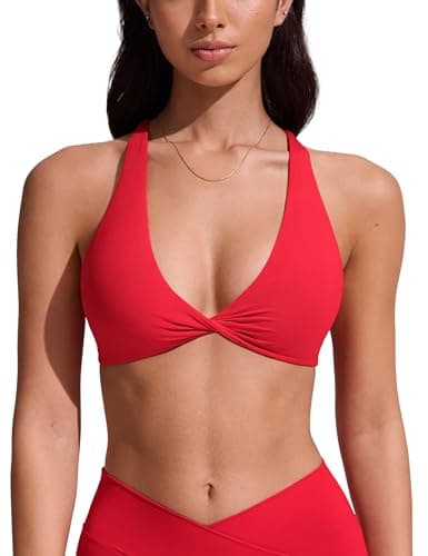 Image of CRZ YOGA Women's V Neck Bikini Tops Twist Front Criss Cross Back Swimwear Swimsuit Triangle Straps Padded Bathing Suit Deep Red 8