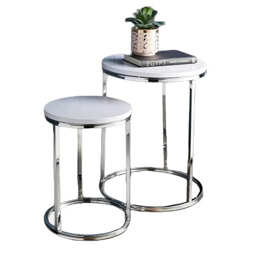 Image of PaMeer Set of 2 Round Nesting Side Table & End Tables with White Table Tops and Chrome Legs for Home & Office Decor, Space-Saving Design for Living Room, Bedroom, Hallway (2, Nesting Table)