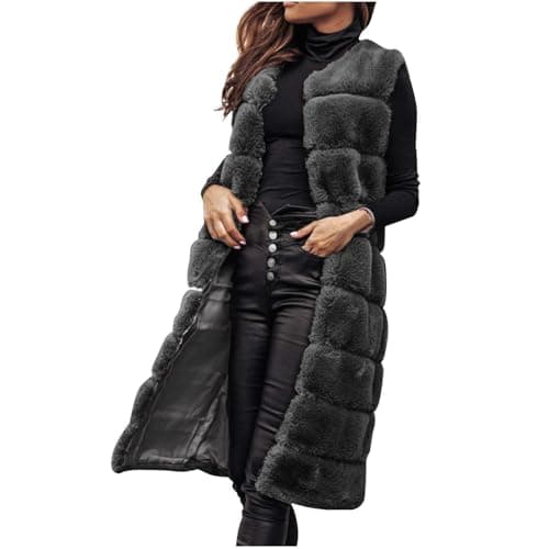 Image of duxyoz Faux Fur Coats Gilets For Women Uk Winter Warm Sleeveless Vest Coat Shaggy Long Jacket Elegant Fluffy Body Warmer Waistcoat Casual Outwear Longline Open Front Cardigans Overcoat 01 Black