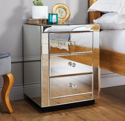 Image of Furniturebox UK Mirror Bedside Table - Italian Mirrored Bedside Table With 3 Drawers, Modern Side Cabinet For Bedroom With Cut Glass Drawer Knobs