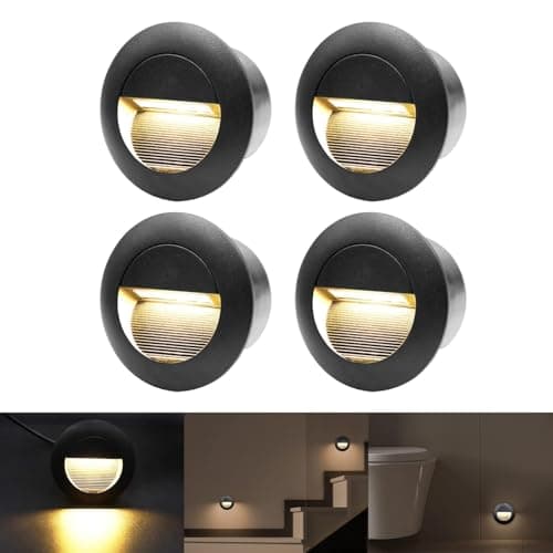 Image of FWoche 3W Wall Recessed Lamp Stair Lights Warm White, Round Staircase Light, LED Step Night, Aluminium Waterproof Wall Lighting Indoor/Outdoor, Garden Lighting Deck Balcony Black, 4pcs
