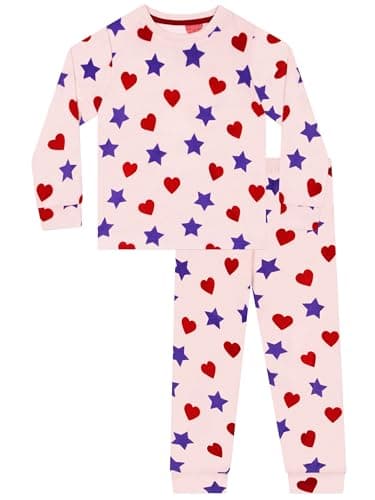 Image of Harry Bear Childrens Fleece Pyjamas, Heart And Stars Girls Pyjama Sets, Soft Girls PJs, Pink 7-8 Years
