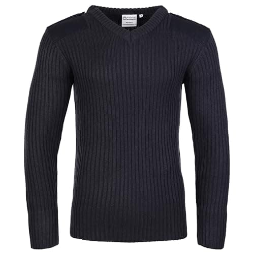 Image of Fort - V-Neck Combat Jumper - Size XL, Navy - Heavyweight Military-Style Knitted Sweater with Epaulettes, Elbow & Shoulder Patches - 100% Acrylic Workwear Pullover - Smart Work Jumpers for Men