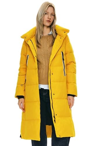 Image of Orolay Women's Long Puffer Coat Thickened Winter Down Jacket with Hood Warm Quilted Outdoor Coat for Hiking, Travel Spectra Yellow M