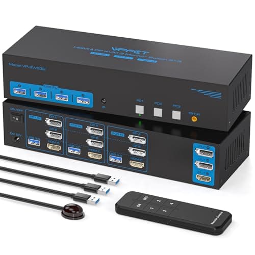 Image of AILVLVNG 4K144Hz HDMI 2 Displayport KVM Switch 3 Monitors 3 Computers 8K USB 3.0 KVM Switcher Triple Screen for 3 Computer Share 3 Monitor and 4 USB 3.0 Ports Support Extended/Copy Mode
