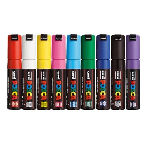 Image of Posca - Standard PC-8K Acrylic Paint Pens (9pc), Multi Surface Markers for Windows, Glass, Graffiti, Fabric, Rock Painting, Canvas, Wood, Metal, Fabric, Colouring, Arts & Crafts, with 4 Stickers