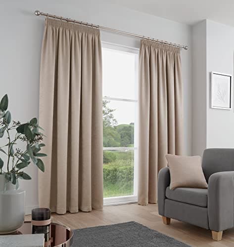 Image of Fusion Strata Pencil Pleat Curtains – Natural – W90 x L90 (229 x 229cm) – 2 Panels – 100% Cotton – Thermal & Soundproof Drapes for Bedroom and Living Room