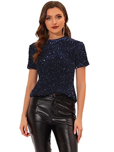 Image of Allegra K Women's Velvet Sequin Top Crew Neck Short Sleeve Party Clubwear Blouse Navy Blue 4