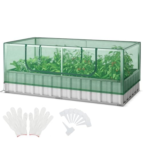 Image of GiantexUK Raised Garden Bed with Greenhouse, 2-in-1 Galvanized Metal Rectangular Planter Box with PE Cover & Roll-up Zipper Window, Outdoor Elevated Flower Pots Grow Box for Vegetables Herbs Plants