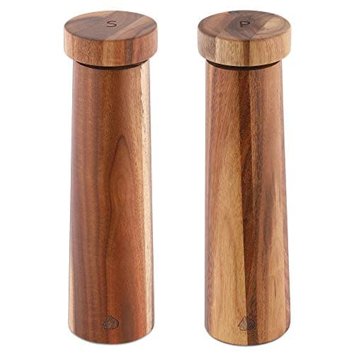 Image of Navaris Salt and Pepper Mill Set - Adjustable Acacia Wood Salt and Pepper Grinders Shakers with Ceramic Grinding Core for Home, Restaurants - Design 1