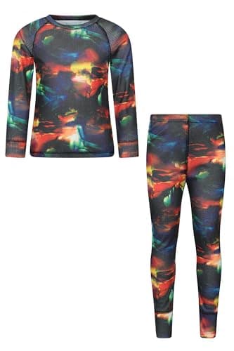 Image of Mountain Warehouse Talus Printed Kids Top & Pant - Lightweight Baselayer Girls & Boys Set, Quick Dry Bottom & Tee, Wicking - Winter, Outdoor, Travelling Corn Blue (Top & Pant Set) Kids Size 7-8 Years
