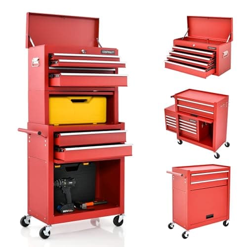 Image of COSTWAY Large Rolling Tool Cabinet, 2-in-1 Detachable Metal Tool Chest with Drawers, Wheels, Handle & Hooks, Lockable Tool Box Trolley for Garage Workshop (6 Drawer with Middle Compartment, Red)