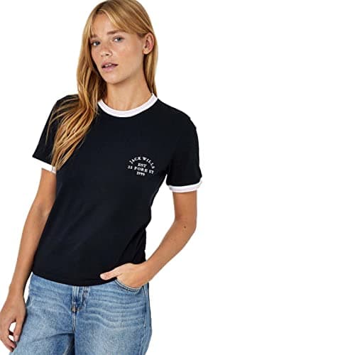 Image of Jack Wills Womens Trinkey Ringer T Shirt Slim Fit Tee Top Short Sleeve Crew Neck Black 16 (XL)