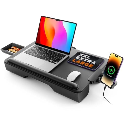 Image of SAIJI Laptop Tray, Anti-Slip Leather Lap Desk, 54 * 33cm Large Lap Tray with Drawer, Soft Wrist Rest, Phone Holder, Comfort Cushion, Fits up to 17 Inch