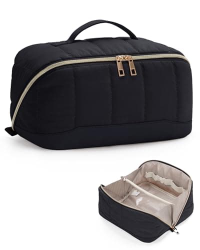 Image of Travel Makeup Bag Large Quilted Cosmetic Organizer with Brush Compartments & Handle, Wide-Open Toiletry Bag for Women, Black (Patent Pending)