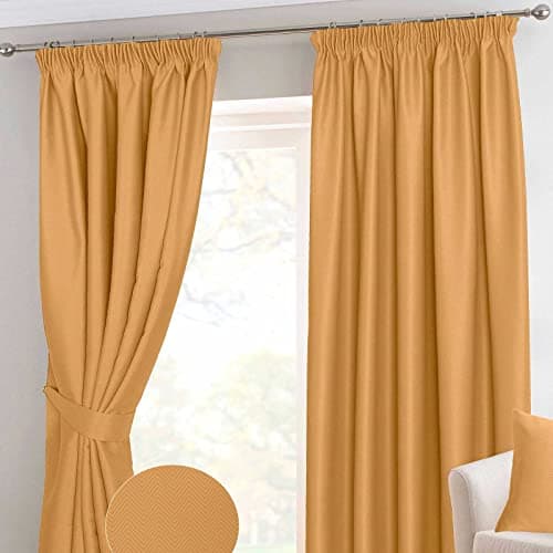 Image of HOMESCAPES Mustard Yellow Pencil Pleat Blackout Thermal Curtain Pair Width 117cm (46") x 182cm (72") Drop Herringbone Chevron Textured Retro Geometric Design. FREE SWATCHES.