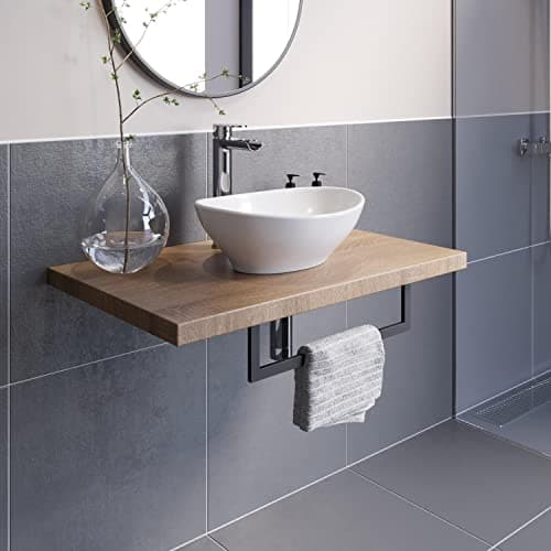 Image of Vitusso® 600mm Bathroom Countertop Basin Sink Wall Hung Floating Shelf Unit Towel Rail Bar Storage Oak Wood, Roubaix White Basin