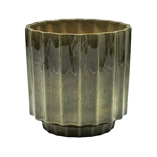 Image of Ivyline Lugano Scalloped Reactive Planter in Green - Waterproof and Lightweight - Indoor Ceramic Houseplant Pot with Reactive Glaze - H13cm x D13cm