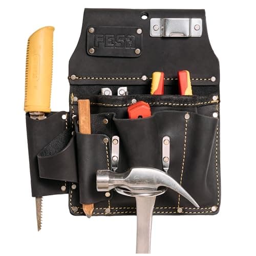 Image of FESA Leather Drywaller's Tool Pouch - 10-in-1 Heavy Top Grain Leather Drywall Pouch with Steel Hammer Loop & Tape Measure Clip - Leather Tool Pouch Fits Belts up to 3" - Handcrafted (Black)