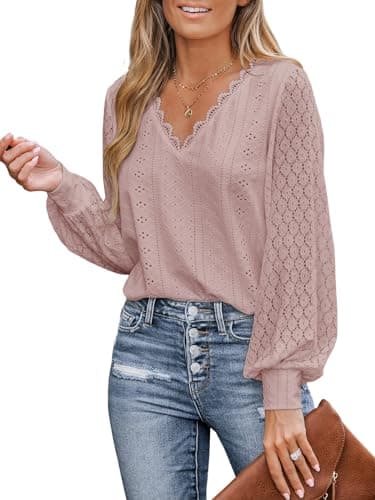 Image of CUPSHE Women Blouse Cutout Scalloped Lace Top Long Lace Sleeves V Neck Banded Cuffs Chic Elegance Shirt Pink M