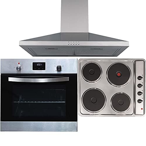 Image of SIA SO114SS 60cm Stainless Steel Digital Electric Single Fan Oven, PHP601SS 4 Zone Solid Plate Hob & Chimney Cooker Hood