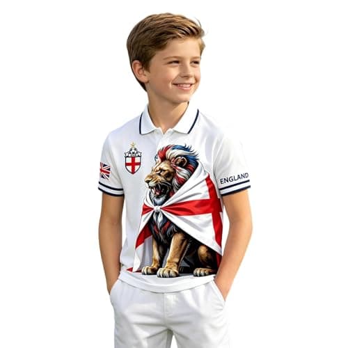 Image of England Cricket Shirt, England Football Shirt Kids 2026 World Cup: Sports Polo Shirts Stretch Poloshirt Outdoor Jersey Tops Breathable Jerseys Top Breathable Graphic Clothing White 7-8 Years