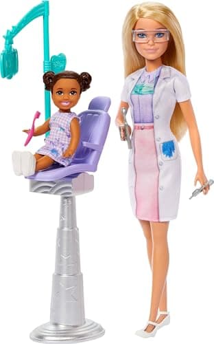 Image of Barbie Dentist Doll with Blonde Fashion with Blue Dress and Lab Coat, 1 Kid, Medical Doctor Furniture & Accessories, JCR74