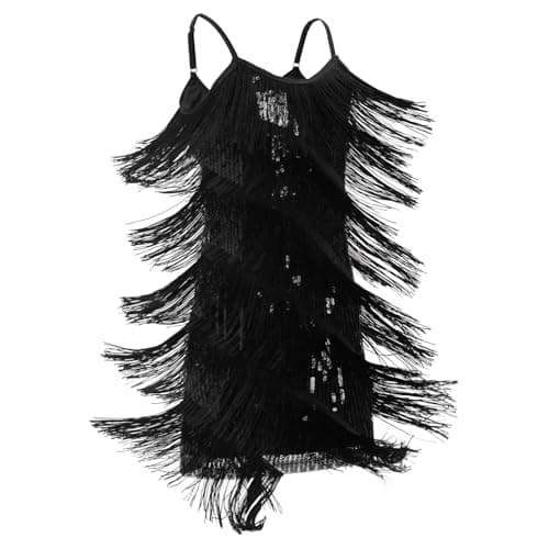 Image of EFOGEP Girls Latin Dance Dress Tassel Fringe Dress, Sparkly Sequin Flapper Style 1920s Gatsby Dance Dress for Kids Ballroom Party Performance Black 10-11 Y
