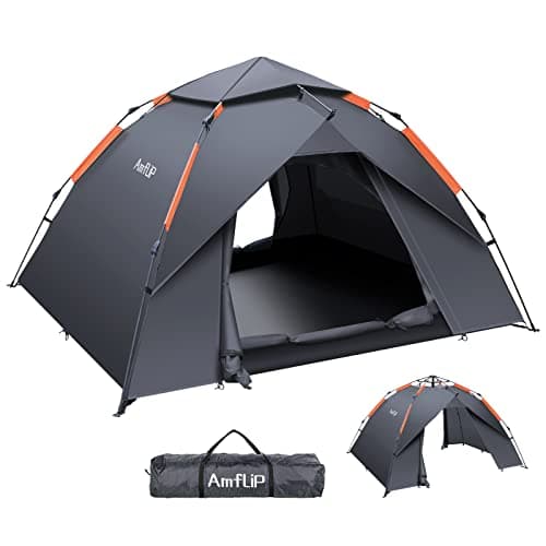 Image of Amflip Camping Tent Automatic 3 Man Person Instant Tent Pop Up Ultralight Dome Tent 4 Seasons Waterproof & Windproof Camping Tent with Removable Outer Tarpaulin, Double Layers (Grey)