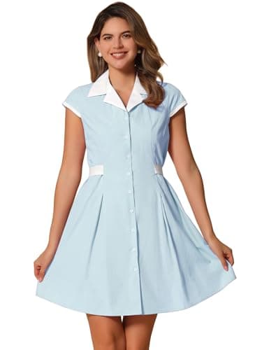 Image of Allegra K Women's Vintage Button Down Shirt Dress Notch Lapel Short Sleeve Belted Office Mini Short Dresses, Sky Blue, L