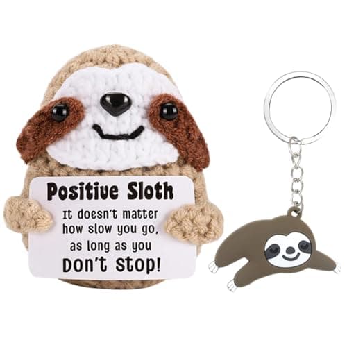 Image of Handmade Crochet Sloth with Keyring - Cute Positive Animal Knitted Plush Doll with Encouraging Support Card - Funny Gift for Office Home Decor