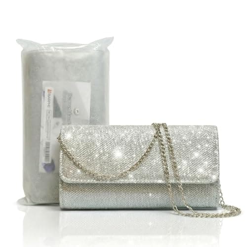 Image of Barpre Handbags for Women: Elegant Silver Glitter Clutch Bag | Sequinned Envelope Evening Bag with Detachable Chain Strap | Ladies Clutch Bags for Wedding, Bridal, Prom & Cocktail Parties