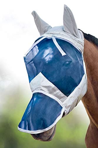 Image of Harrison Howard CareMaster Ergonomically Designed Thick Fleece Padding Fly Mask Full Face Silver/Blue Retro (M; Cob)