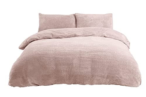 Image of Sleepdown Teddy Fleece Duvet Cover Set with Pillowcases, 1 Piece, Warming, Cosy, Super Soft, Single Bed, Blush Pink