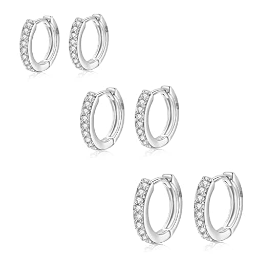 Image of 3 Pairs Sterling Silver Hoop Earrings for Women S925 Huggie Hoop Earrings With Cubic Zirconia Small Cartilage Sleepers Huggie Hinged Earrings Set for Girls Men