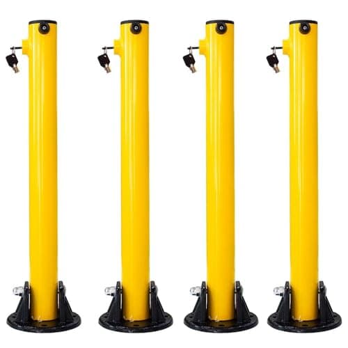 Image of Parking Post Security Barrier - Yellow | 67CM Anti Parking Manual Lock Car Parking Bollard | Metal Fold Down Parking Post with Heavy Duty Base | Bolt Down Bollard with Key Lock - 4Pcs
